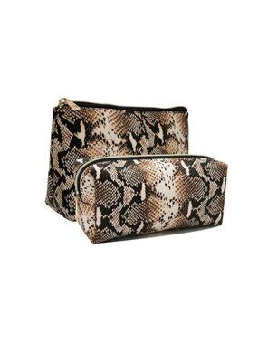2PC Snake Print Makeup Bag Set Large Cosmetic Organizer Travel Pouch